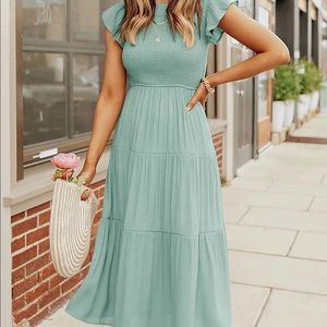 ZESICA Summer Flutter Short Sleeve Crew Neck Smocked Tiered Midi Dress